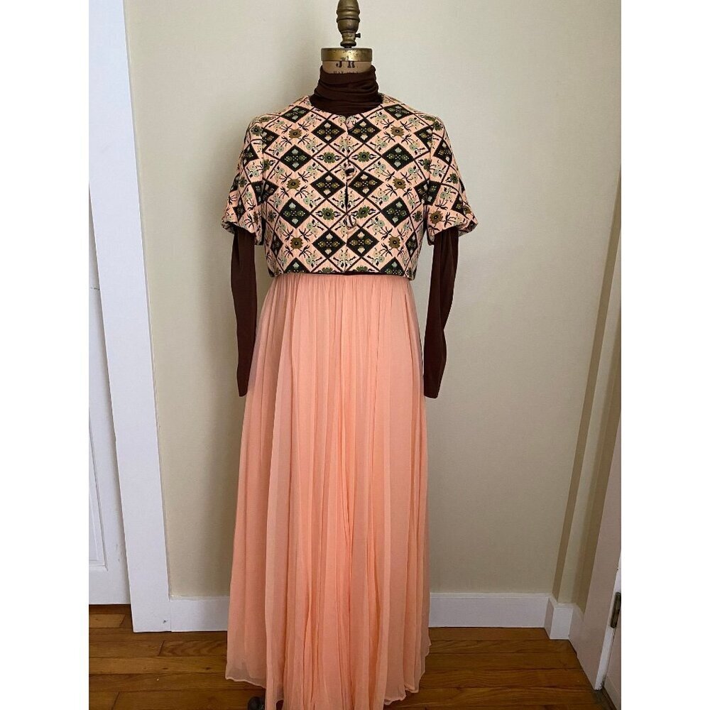 Vtg 2 Piece Long Formal Dress and Bolero Jacket Set, Brown and Peach Chiffon